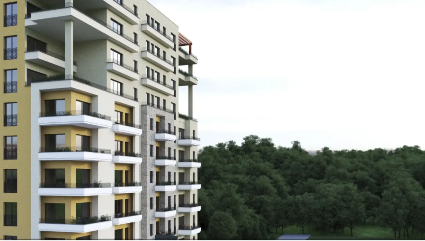 Architektonische Renderings eines modernen Wohngebäudes mit Balkonen vor Waldhintergrund