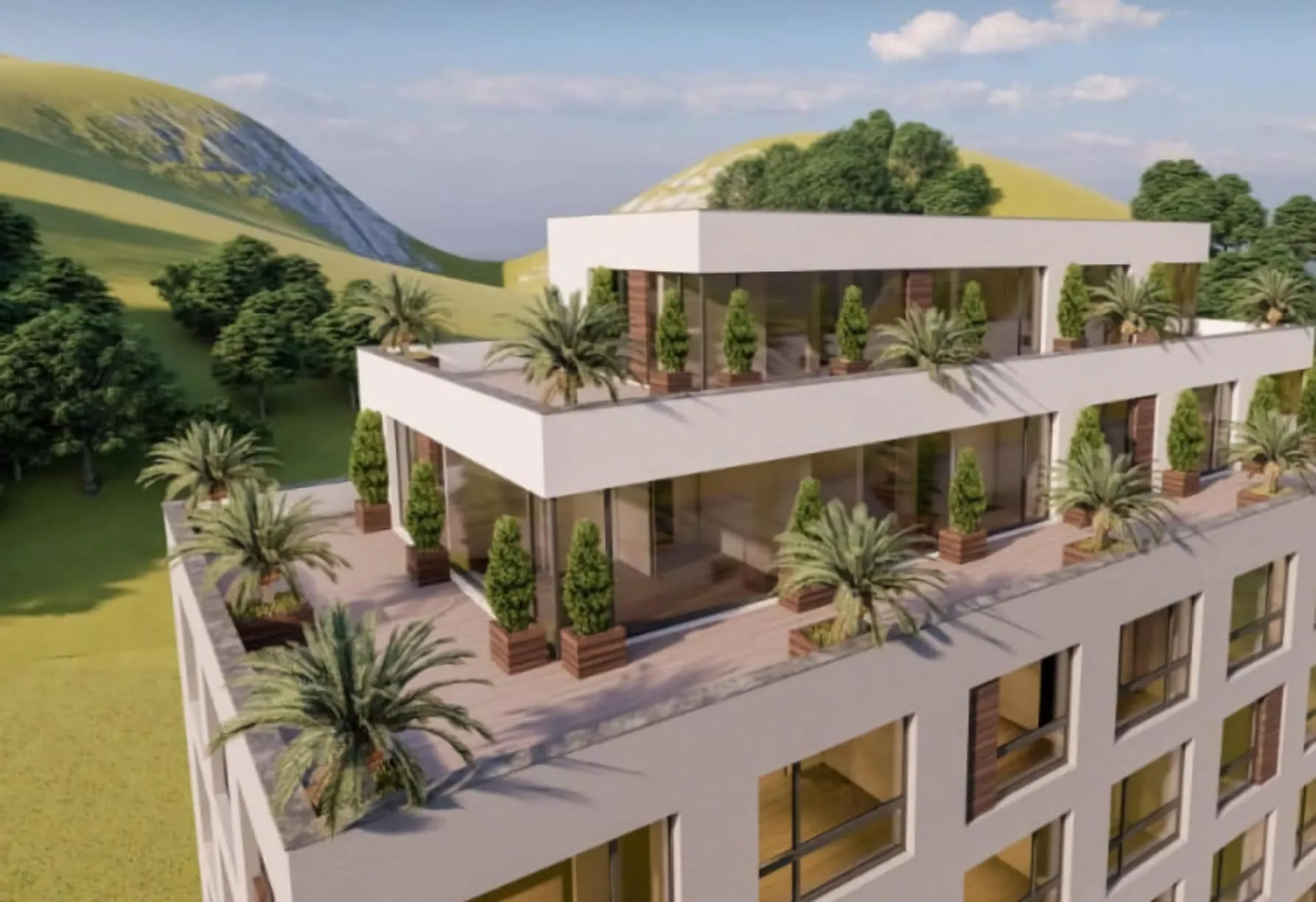 Außenansicht eines modernen Gebäudes mit großen Dachterrassen und Pflanzen.