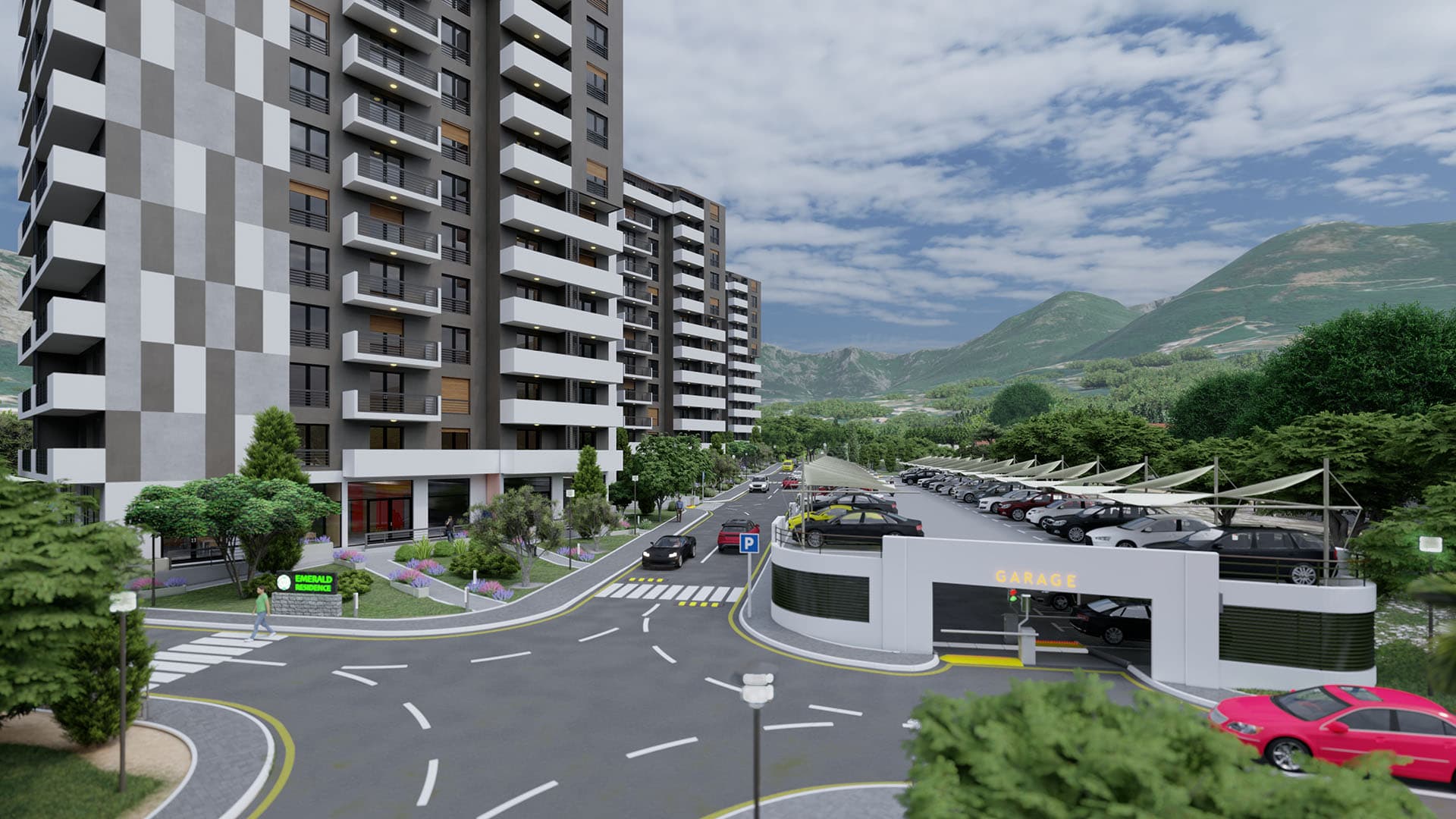 Modern residential complex Emerald Residence with parking and mountain views in Bar, Montenegro.
