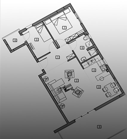 Grundriss einer Wohnung in Bečići, Montenegro: Wohnzimmer mit Küche, Schlafzimmer, Badezimmer und Terrasse in einer modernen Wohnanlage.