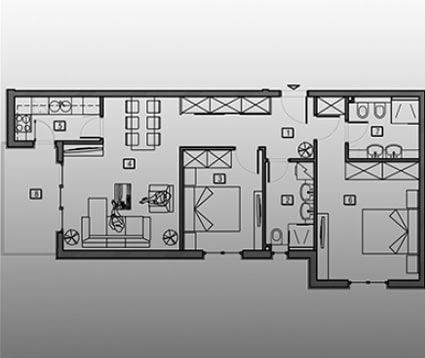 Grundriss einer Wohnung mit zwei Schlafzimmern und Terrasse in Bečići, Montenegro: Raum- und Möbelanordnung.