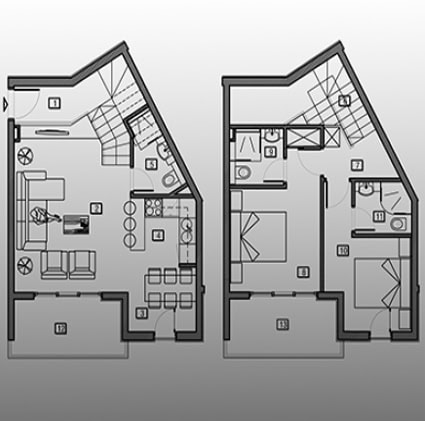 Grundriss einer Maisonette-Wohnung in Bečići, Montenegro: Wohnzimmer, Küche, zwei Schlafzimmer, zwei Badezimmer und Terrassen.