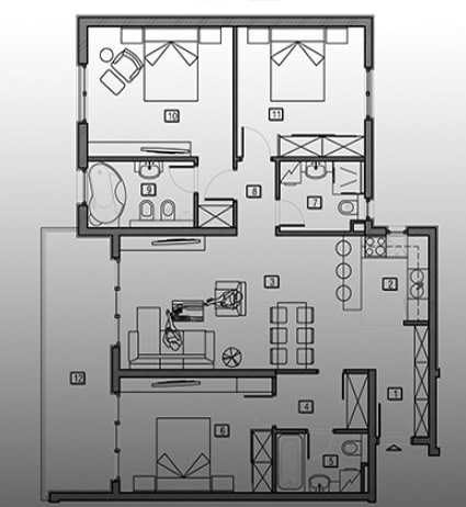 Grundriss einer Wohnung mit drei Schlafzimmern, Wohnzimmer und Terrasse in einer Wohnanlage in Bečići, Montenegro.