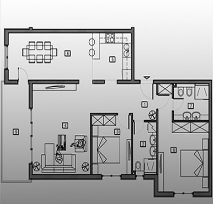 Grundriss einer Wohnung in Bečići, Montenegro: zwei Schlafzimmer, Wohnzimmer mit Küche, zwei Badezimmer und eine geräumige Terrasse.