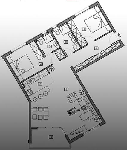 Grundriss einer Wohnung mit zwei Schlafzimmern, Wohnküche und Terrasse in einer Wohnanlage in Bečići, Montenegro.