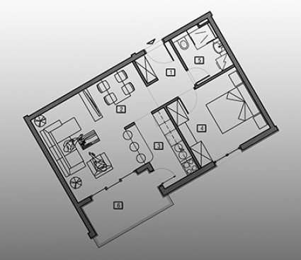 Grundriss einer Wohnung in Bečići, Montenegro: Wohnzimmer, Schlafzimmer, Küche, Badezimmer und Terrasse in einem Immobilienprojekt.