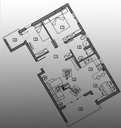 Grundriss einer Wohnung mit zwei Schlafzimmern, Wohnzimmer und Terrasse in Bečići, Montenegro: Objektplan Nr. 1831.