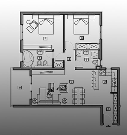 Grundriss einer Wohnung in Bečići, Montenegro: zwei Schlafzimmer, zwei Badezimmer, Wohnzimmer mit Küche und Terrasse, Objekt Nr. 1831.
