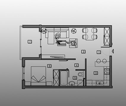 Grundriss einer Wohnung in Bečići, Montenegro: Wohnzimmer mit Küche, Schlafzimmer, Badezimmer und Terrasse in der Wohnanlage Nr. 1831.