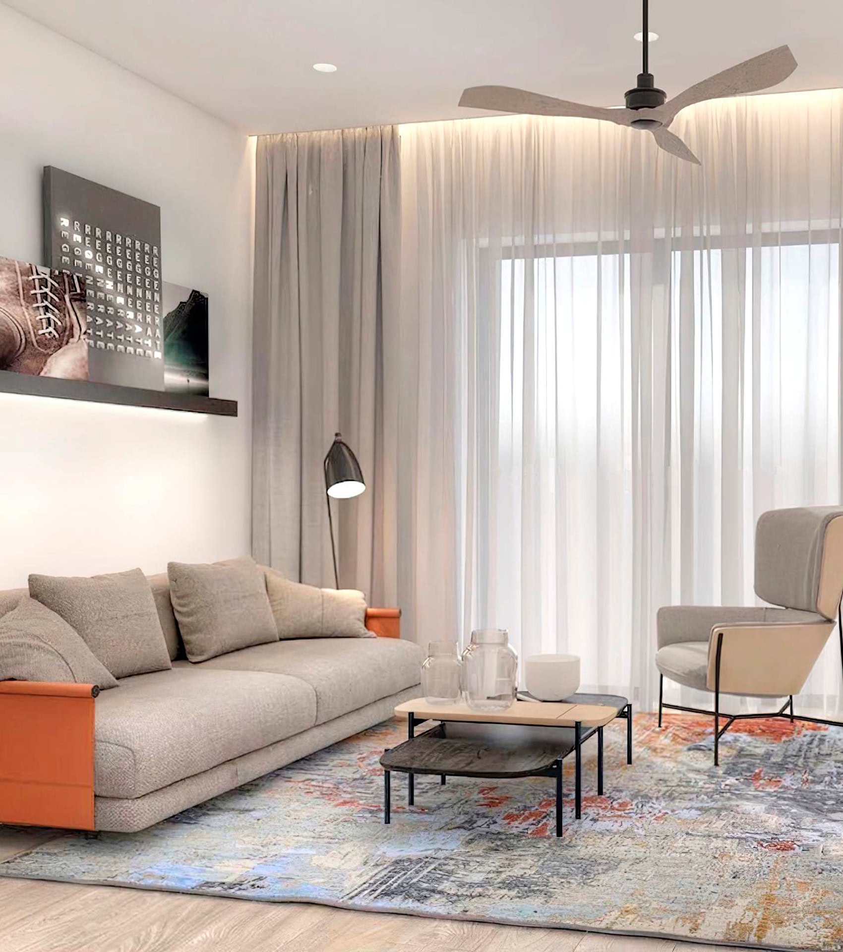 Savremeni dnevni boravak u hotelu Boka Place, Tivat, Crna Gora: dizajnerska sofa, fotelja i stilizovan dekor u enterijeru.