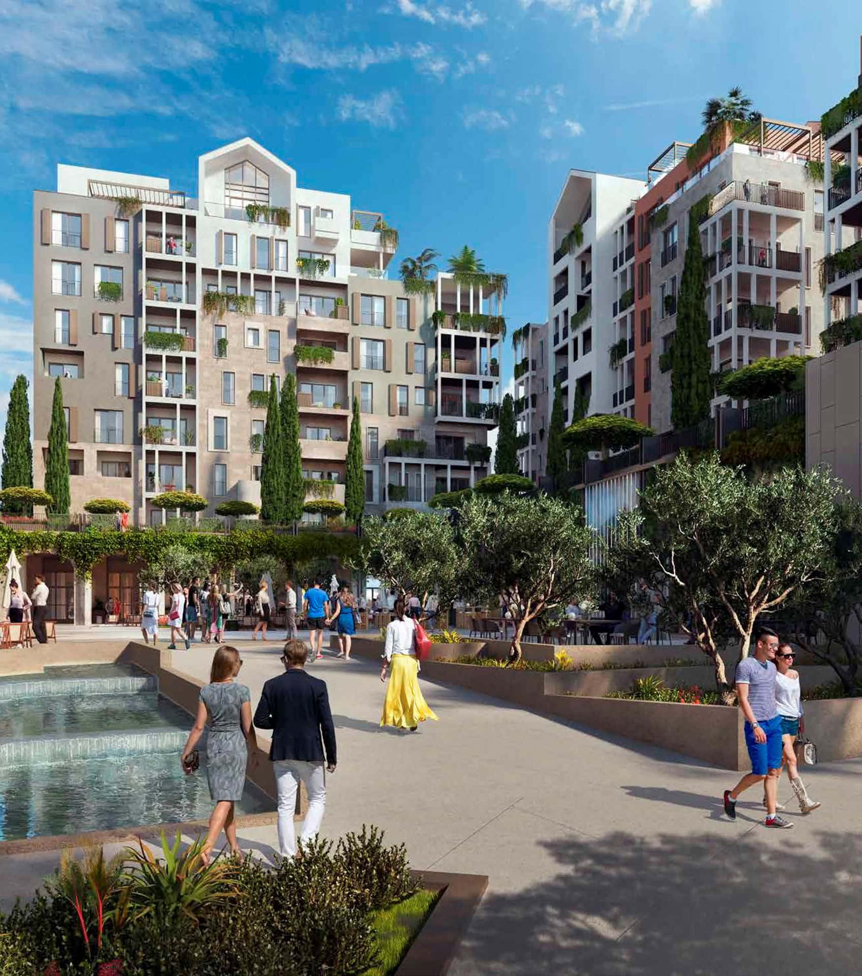 Savremeni stambeni kompleks Boka Place u Tivtu, Crna Gora: uređeno dvorište sa fontanom i šetališnom zonom.