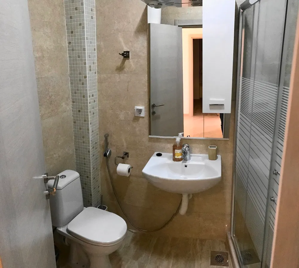 Bathroom in an apartment, Dobri Vody, Montenegro: shower cabin, white fixtures, and beige tile with mosaic.