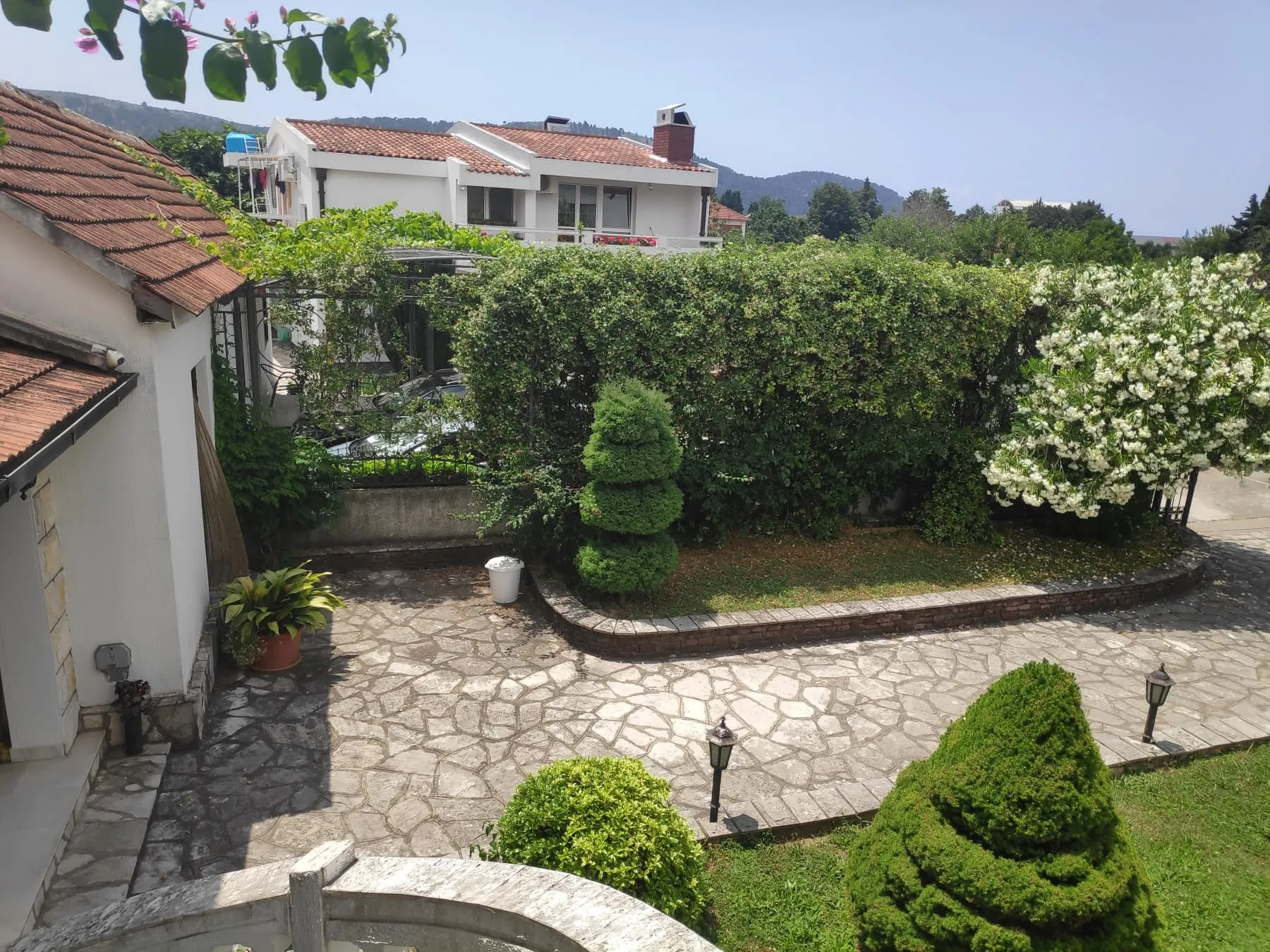 Spacious country yard with a paved patio, green plantings, a hedge, and a cozy two-story house.