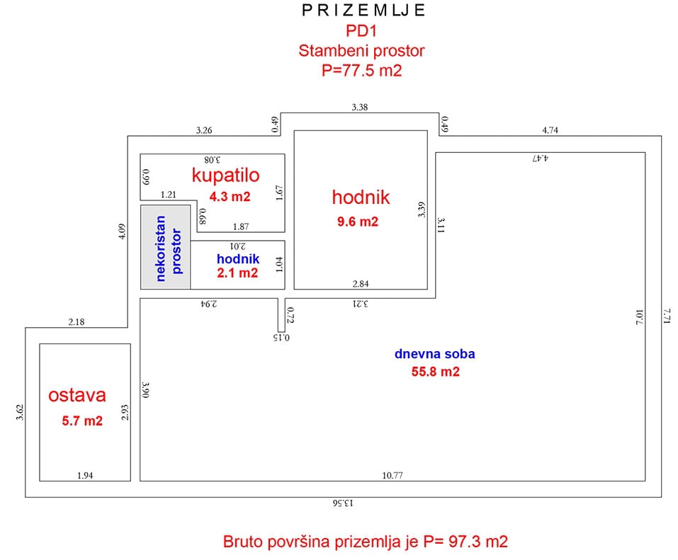 Karadağ, Dobri Vody’de 77,5 m2 evin planı: odalar, oturma odası, banyo ve kilerin ölçüleriyle birlikte şeması.