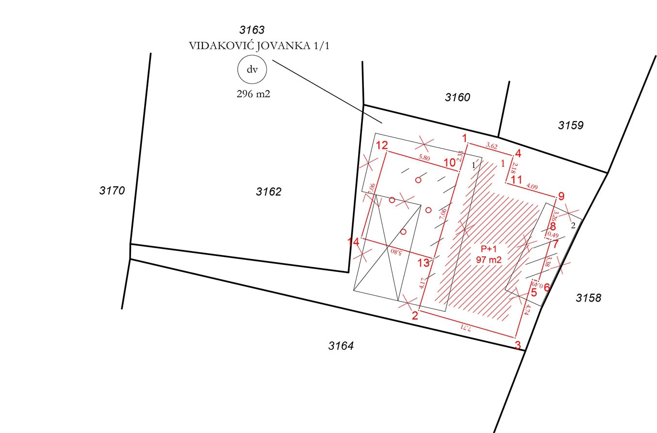 Karadağ, Dobri Vody’de, gayrimenkul inşaatı için 296 m² arsa ve 97 m² evin kadastro planı.
