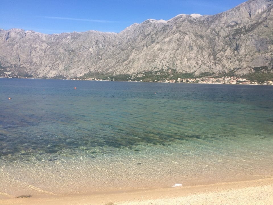 Prčanj, Karadağ’daki plajdan deniz ve dağların panoramik manzarası, arka planda sahil gayrimenkulleri ve berrak koy.