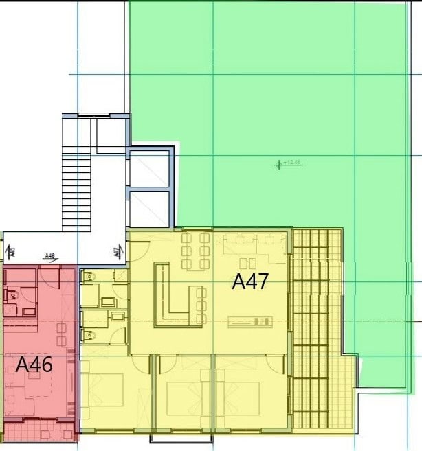 Architekturplan der Wohnungen A46 und A47 mit Terrasse in einer Wohnanlage, Budva, Montenegro: Grundriss und Zonierung.