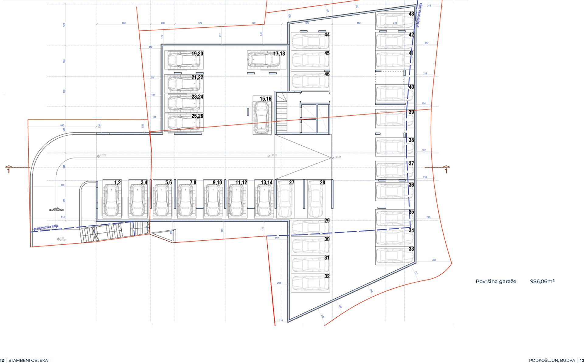 Grundriss der Tiefgarage der Wohnanlage in Budva, Montenegro: Lageplan von 46 Stellplätzen mit einer Fläche von 986 m²
