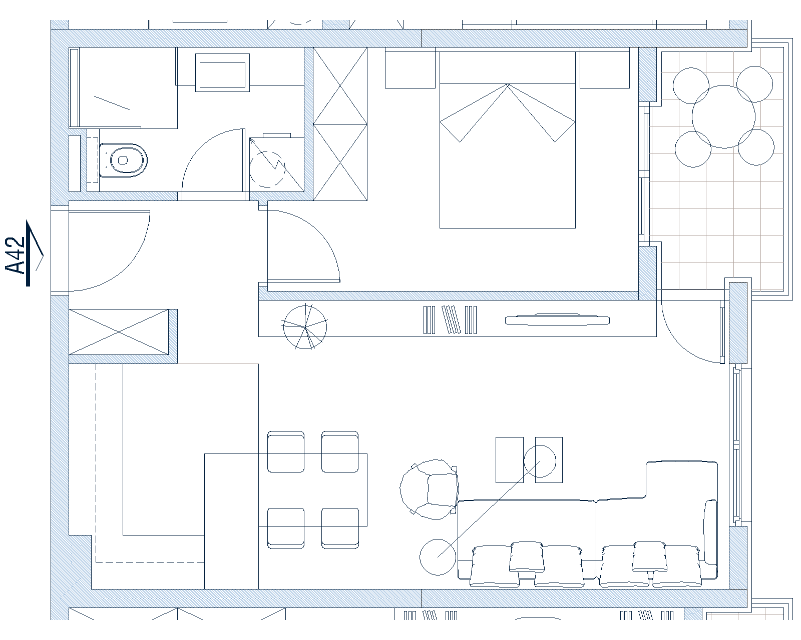 Grundriss der Wohnung in Budva, Montenegro: Wohnzimmer mit Küche, Schlafzimmer, Badezimmer und Balkon mit Sitzbereich.