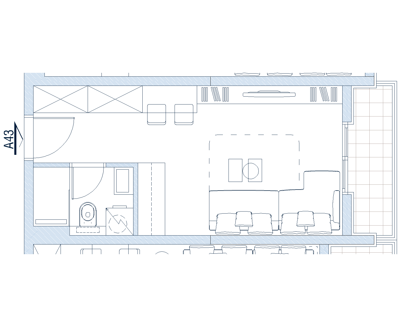 Grundriss des Wohnzimmers mit Terrasse in einer Wohnung in Budva, Montenegro: Schema der Möbelanordnung und Raumzonierung.