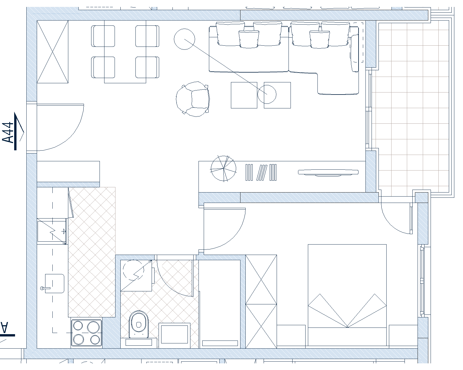 Grundriss einer Wohnung in Budva, Montenegro: Wohnzimmer mit Küche, Schlafzimmer und Terrasse, Draufsicht auf der Zeichnung.