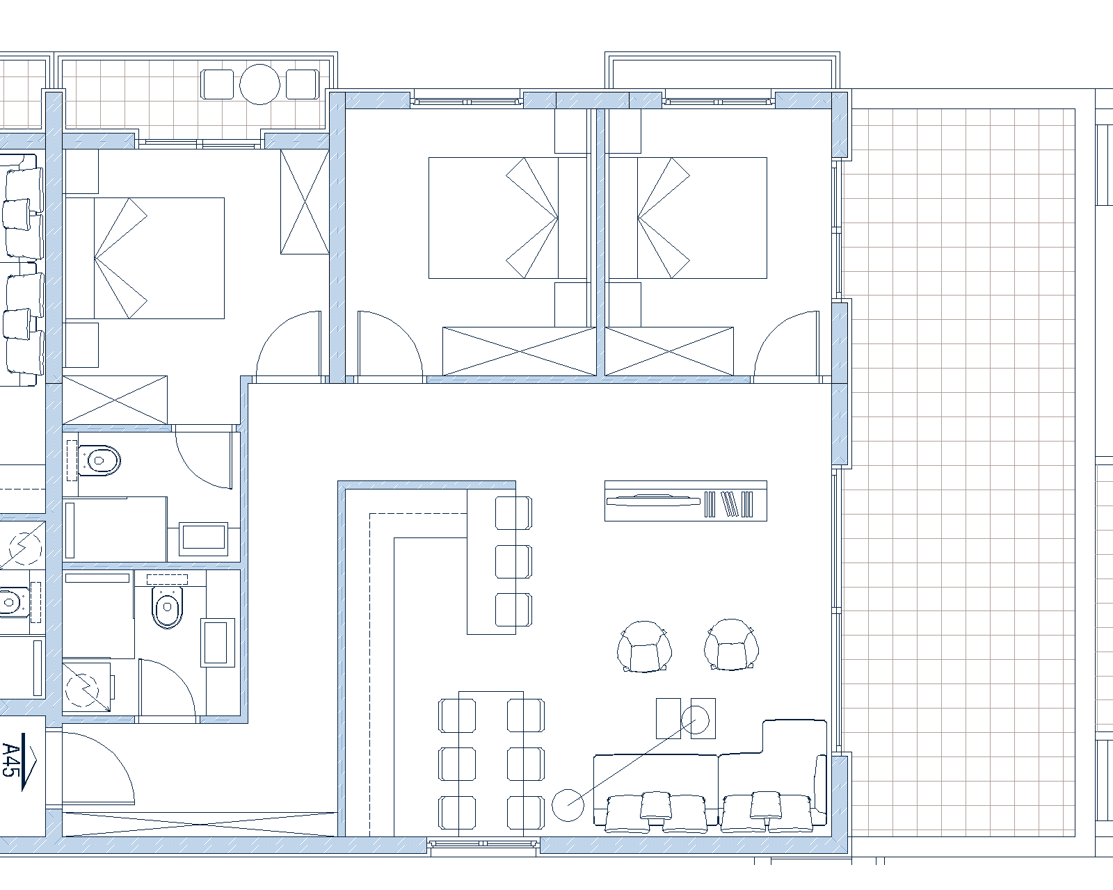 Grundriss der Wohnung in Budva, Montenegro: Wohnzimmer mit Küche, zwei Schlafzimmer, zwei Badezimmer und eine großzügige Terrasse.