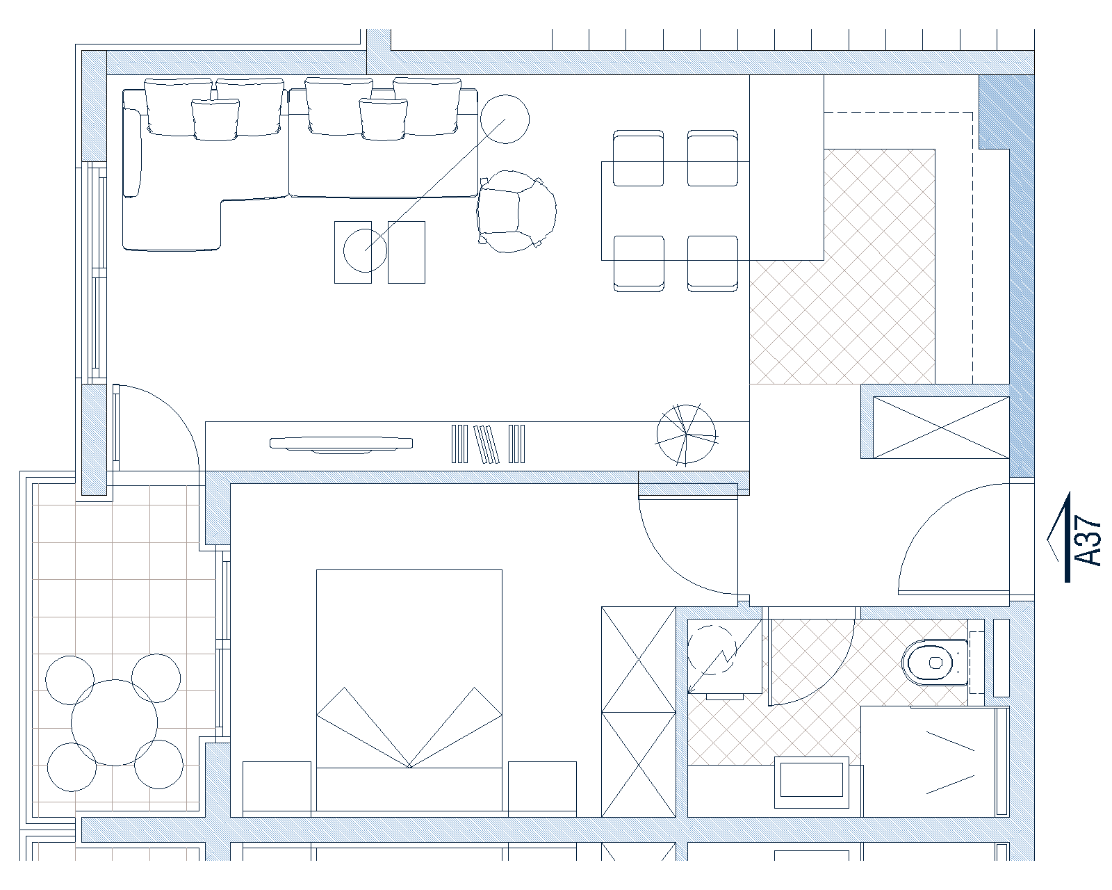 Grundriss der Wohnung in Budva, Montenegro: Wohnzimmer mit Küche, Schlafzimmer, Badezimmer und Terrasse mit Möbeln.