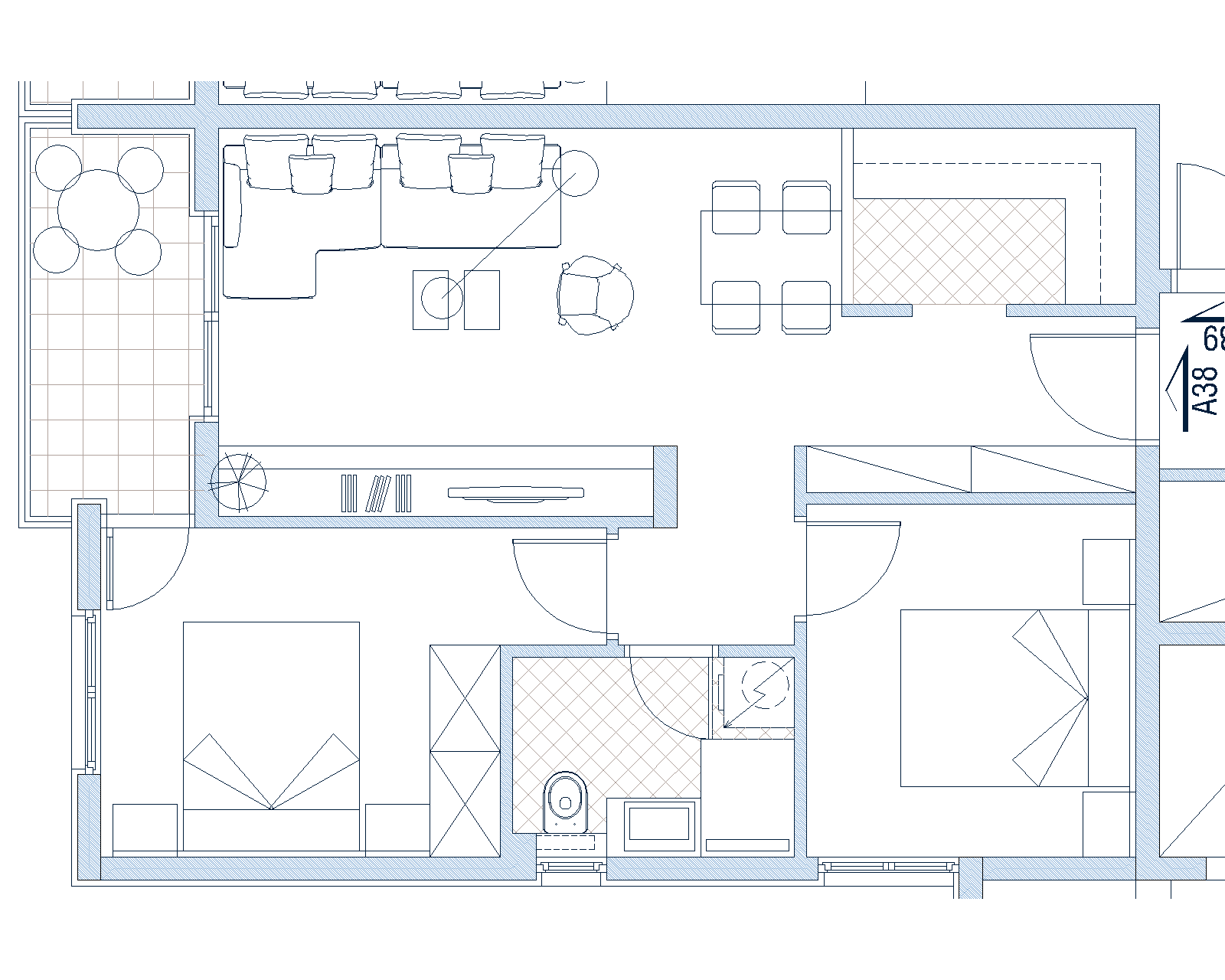 Grundriss der Wohnung in Budva, Montenegro: Wohnzimmer mit Terrasse, Essbereich und zwei Schlafzimmern auf der Zeichnung.