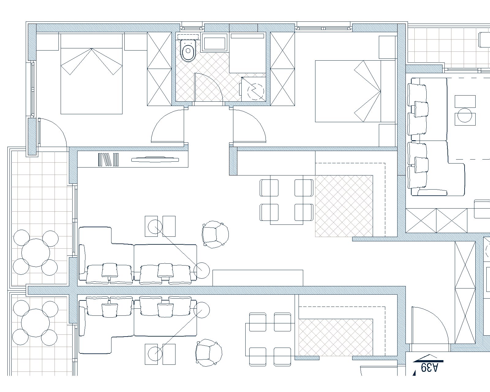 Grundriss der Wohnung in Budva, Montenegro: detaillierte Zeichnung des Wohnzimmers mit Essbereich, Polstermöbeln und Terrasse.
