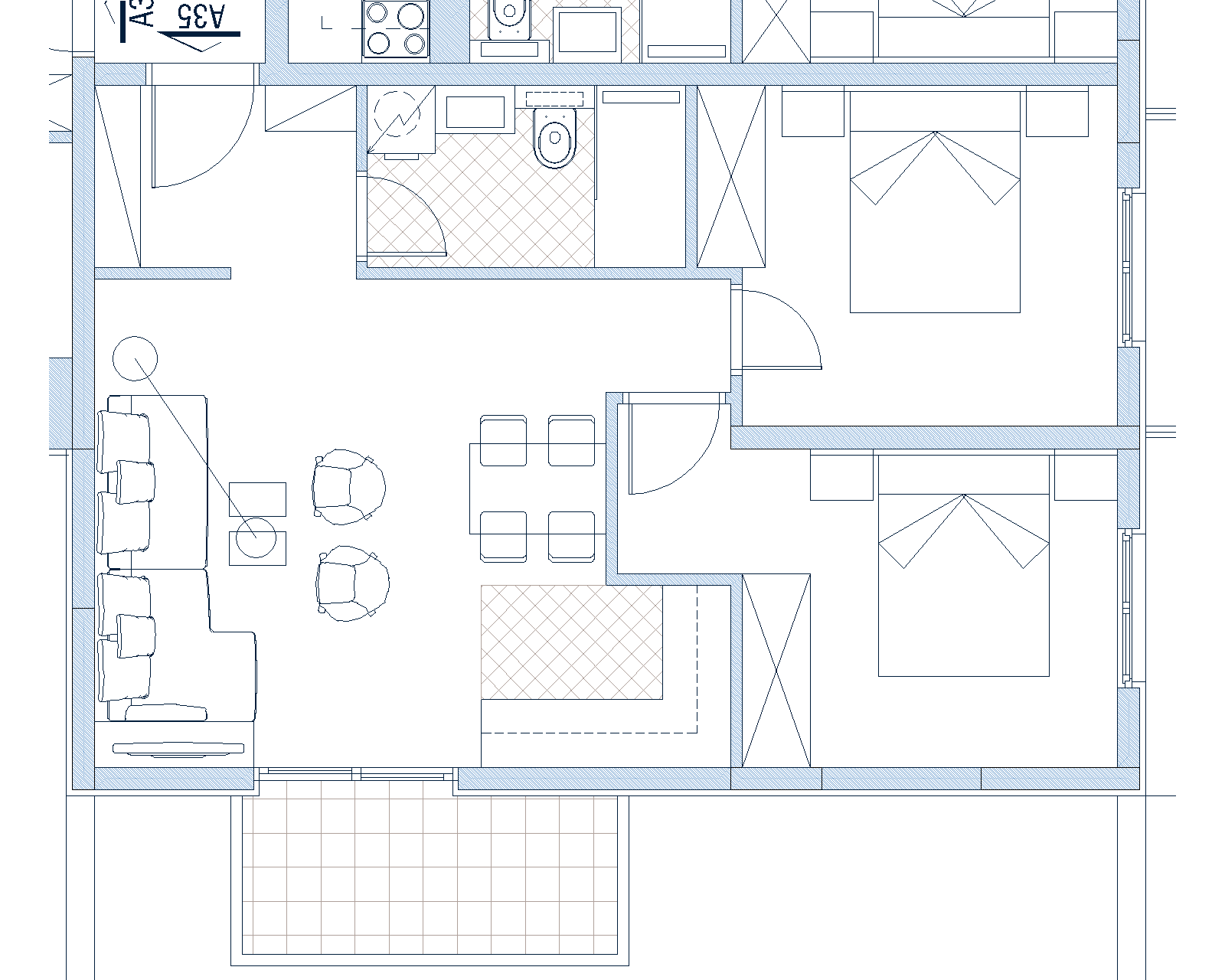 Grundriss einer Wohnung mit zwei Schlafzimmern, Wohnzimmer und Terrasse in Budva, Montenegro: detaillierte Zeichnung der Wohnimmobilie.