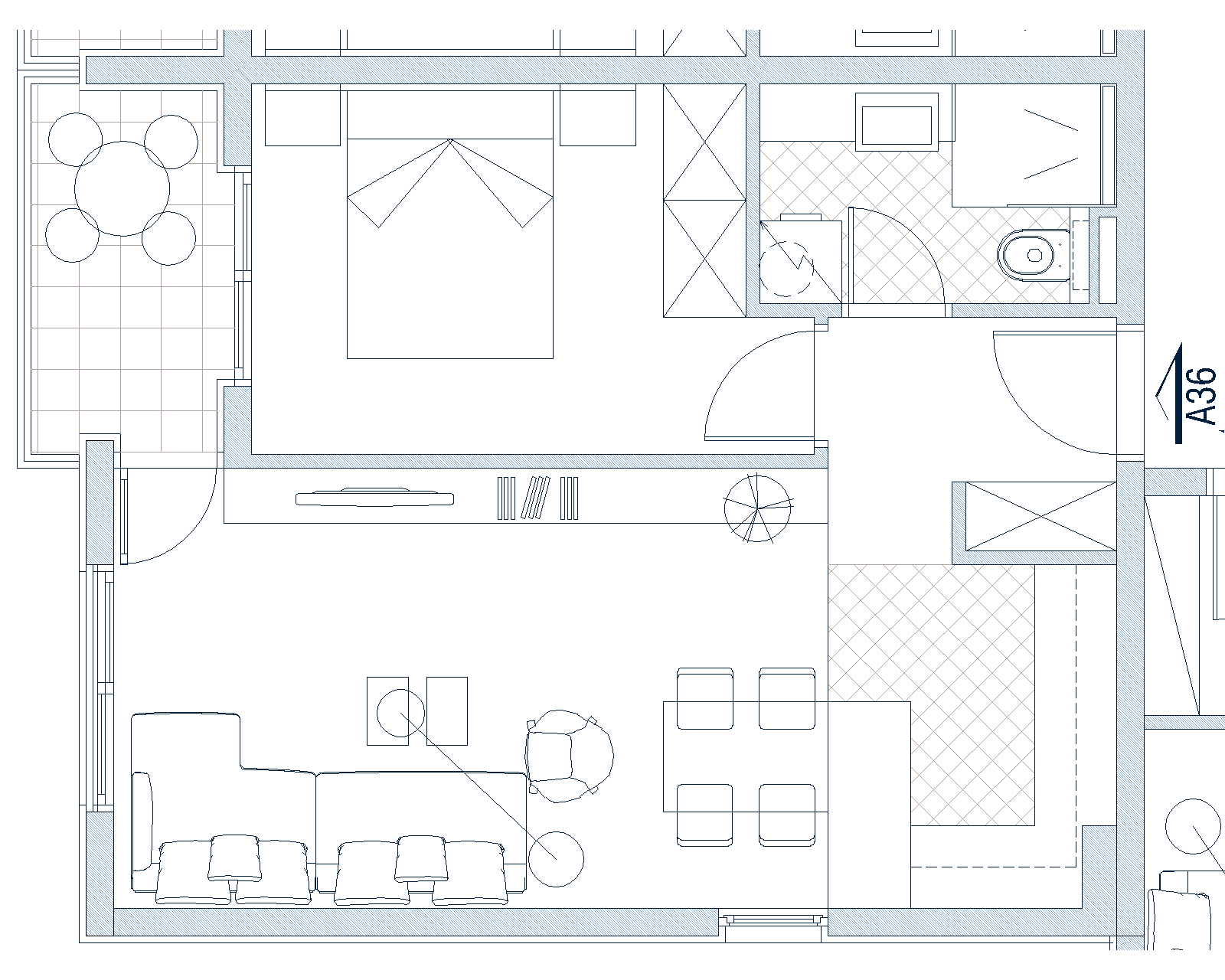 Grundriss der Wohnung in Budva, Montenegro: Wohnzimmer mit Küche, Schlafzimmer, Bad und Terrasse mit Möbeln. Objekt A36.