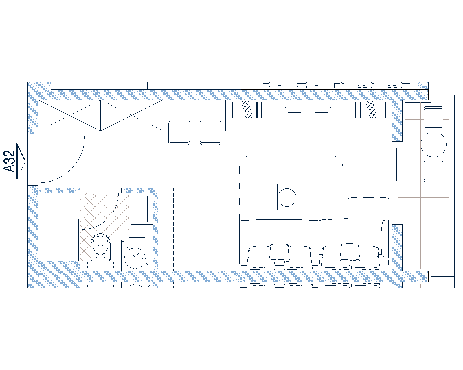 Grundriss des Wohnzimmers mit Terrasse in der Wohnung, Budva, Montenegro: Schema der Möbelanordnung und des Badezimmers.