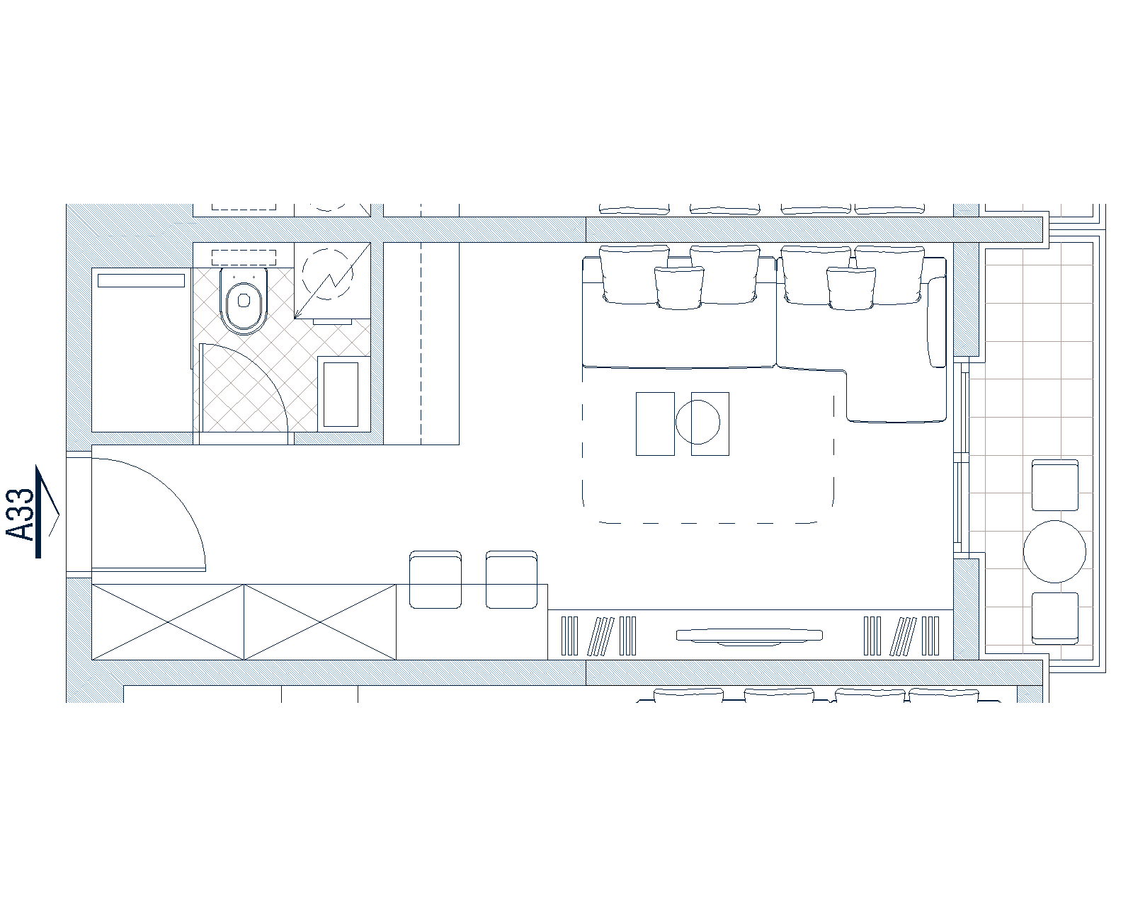 Grundriss der Wohnung A33 in Budva, Montenegro: Wohnzimmer mit Sitzecke, Bad und Zugang zum möblierten Balkon.