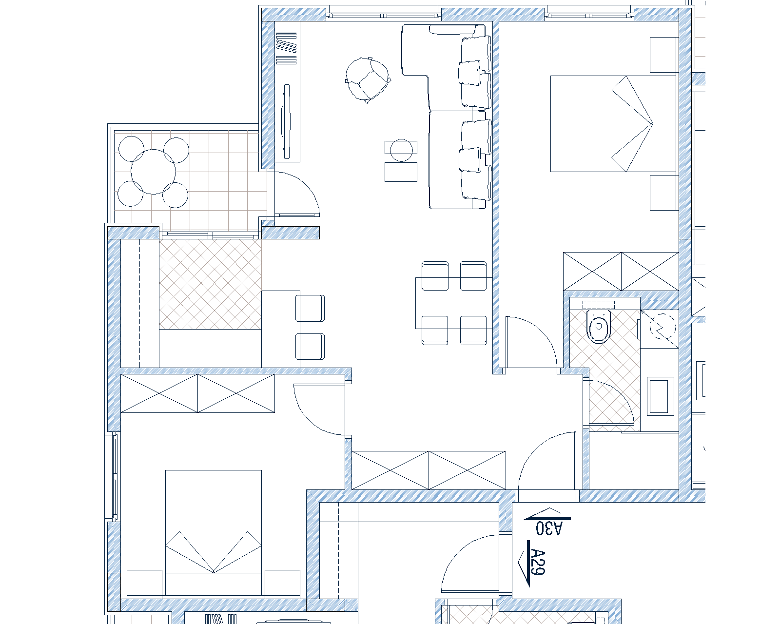 Grundriss der Wohnung in Budva, Montenegro: Wohnzimmer mit Terrasse, zwei Schlafzimmer, Küche und Bad, Draufsicht.