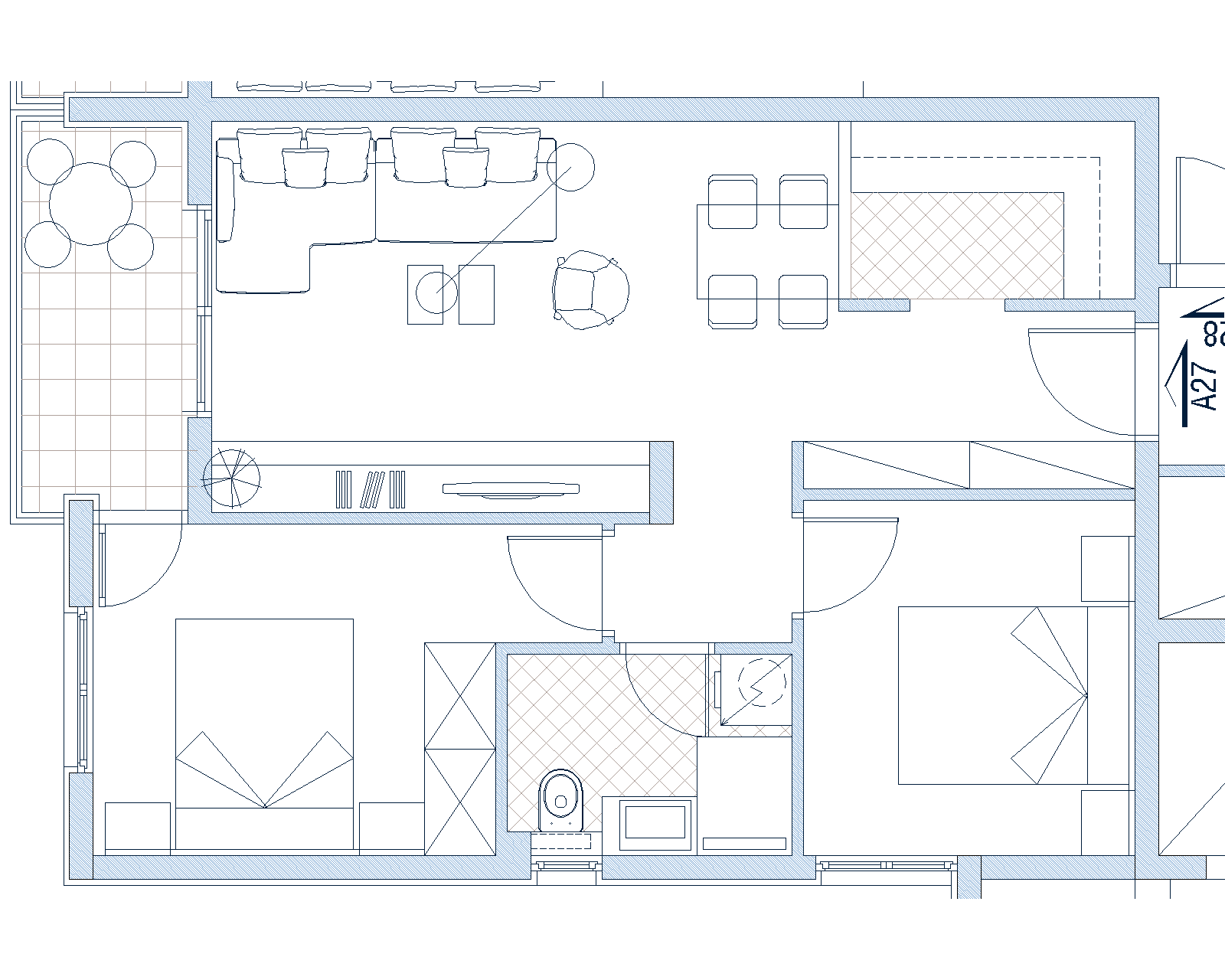 Grundriss der Wohnung in Budva, Montenegro: zwei Schlafzimmer, Wohnzimmer mit Zugang zur Terrasse und Küche. Wohnprojekt Nr. 1801.