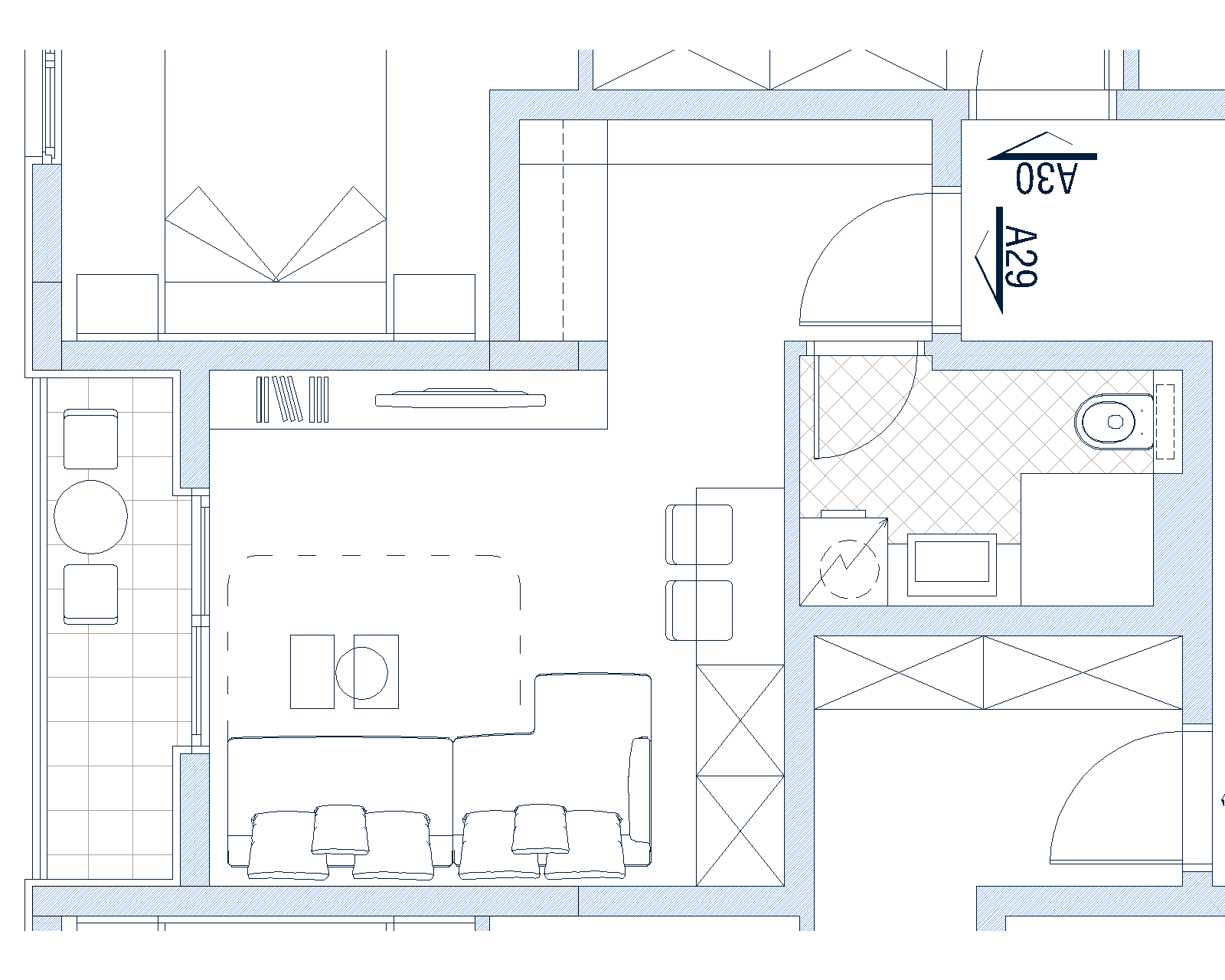 Grundriss der Wohnung in Budva, Montenegro: Wohnzimmer mit Terrasse, Schlafbereich und Bad, detaillierte Zeichnung des Objekts.