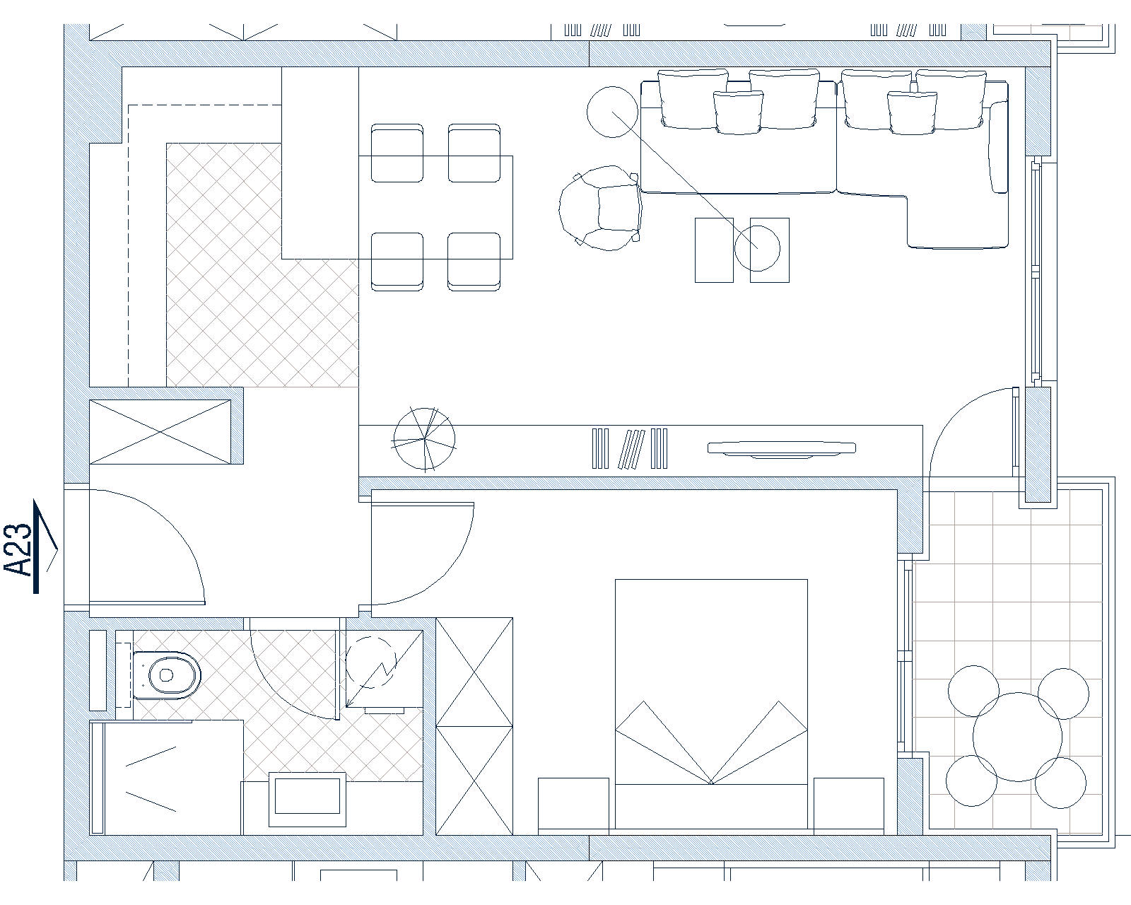 Grundriss der Wohnung in Budva, Montenegro: Wohnzimmer mit Küche, Schlafzimmer, Badezimmer und Balkon mit Sitzbereich.