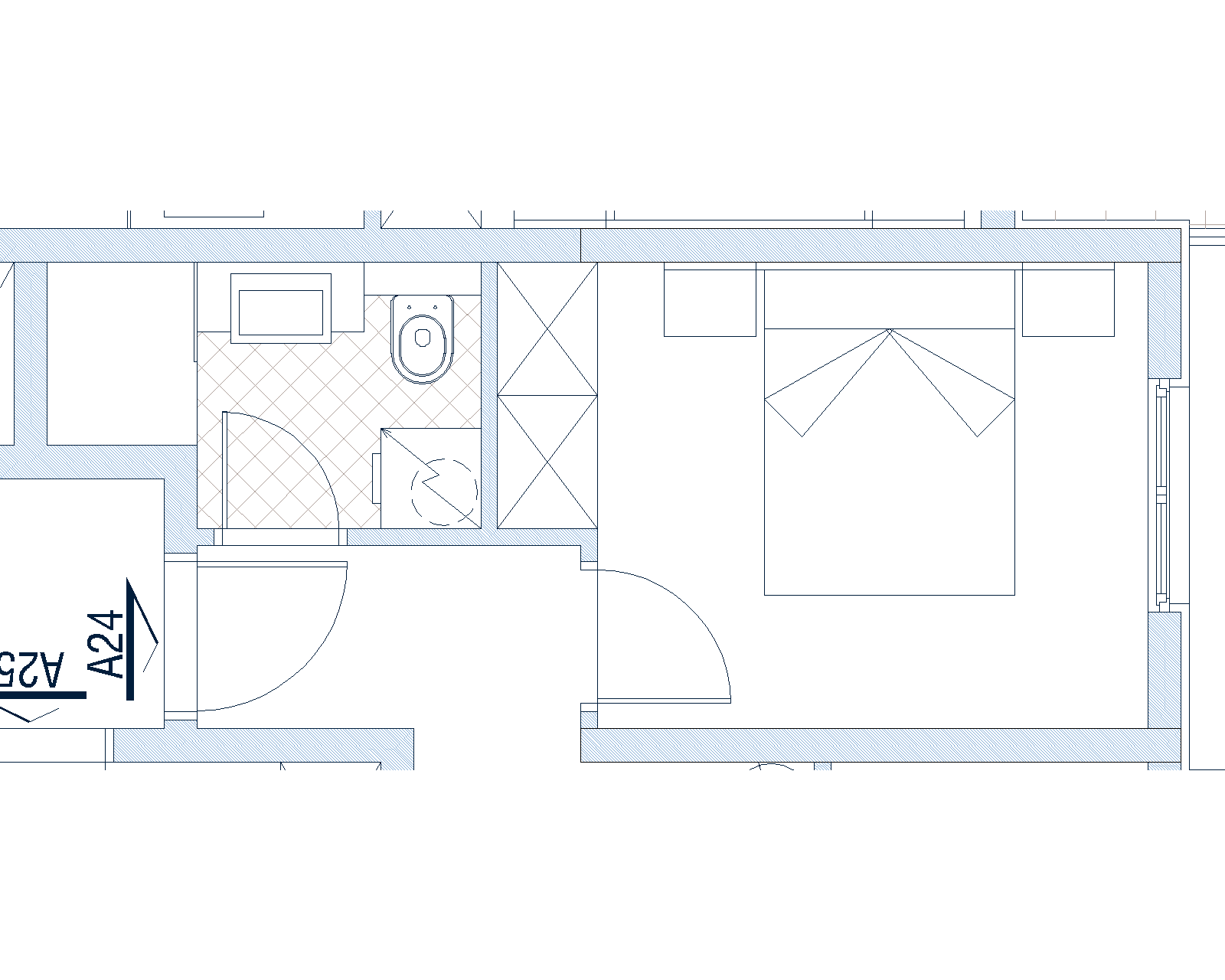 Grundriss des Schlafzimmers mit Bad in Wohnung Nr. 1801, Stadt Budva, Montenegro: Schema der Möbelanordnung und Zonierung.