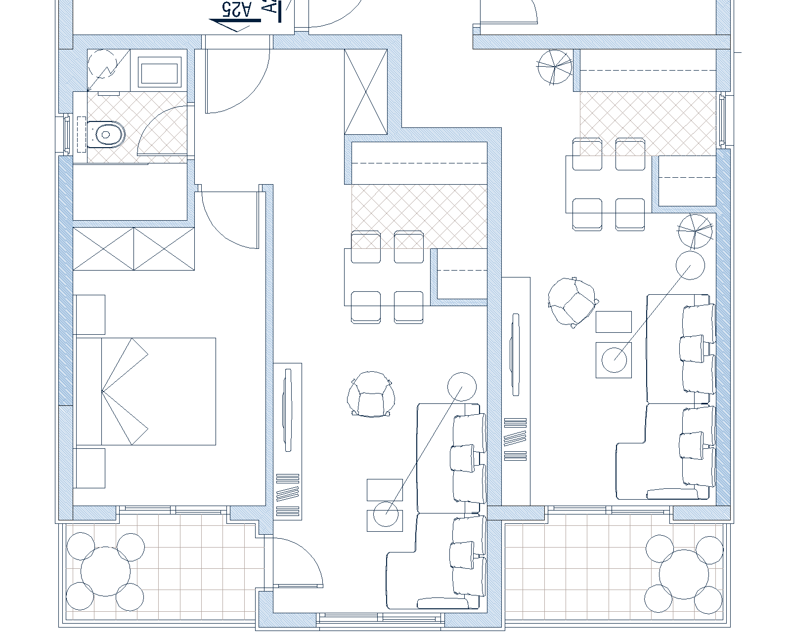 Grundriss der Wohnung in Budva, Montenegro: Schema von Wohnzimmer, Schlafzimmer, Küche und zwei Terrassen mit Möbeln.