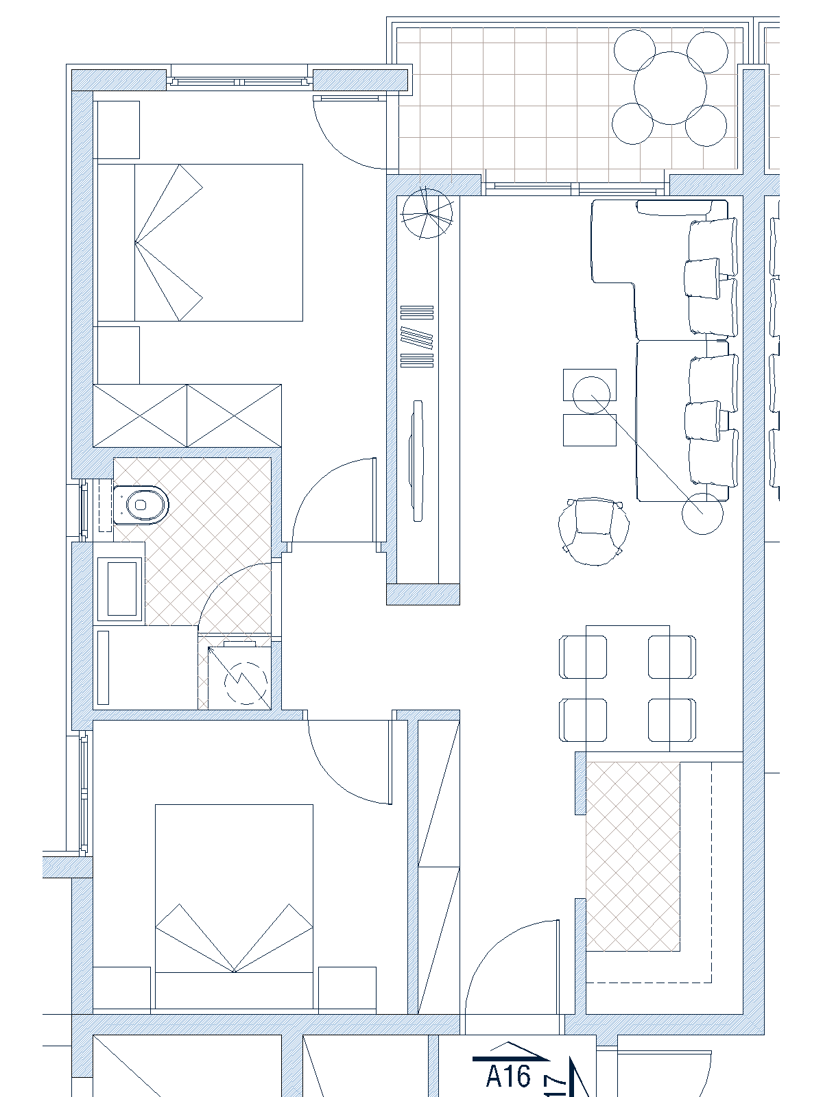 Grundriss der Wohnung in Budva, Montenegro: Wohnzimmer mit Küche, zwei Schlafzimmer, Badezimmer und Terrasse mit Essbereich.