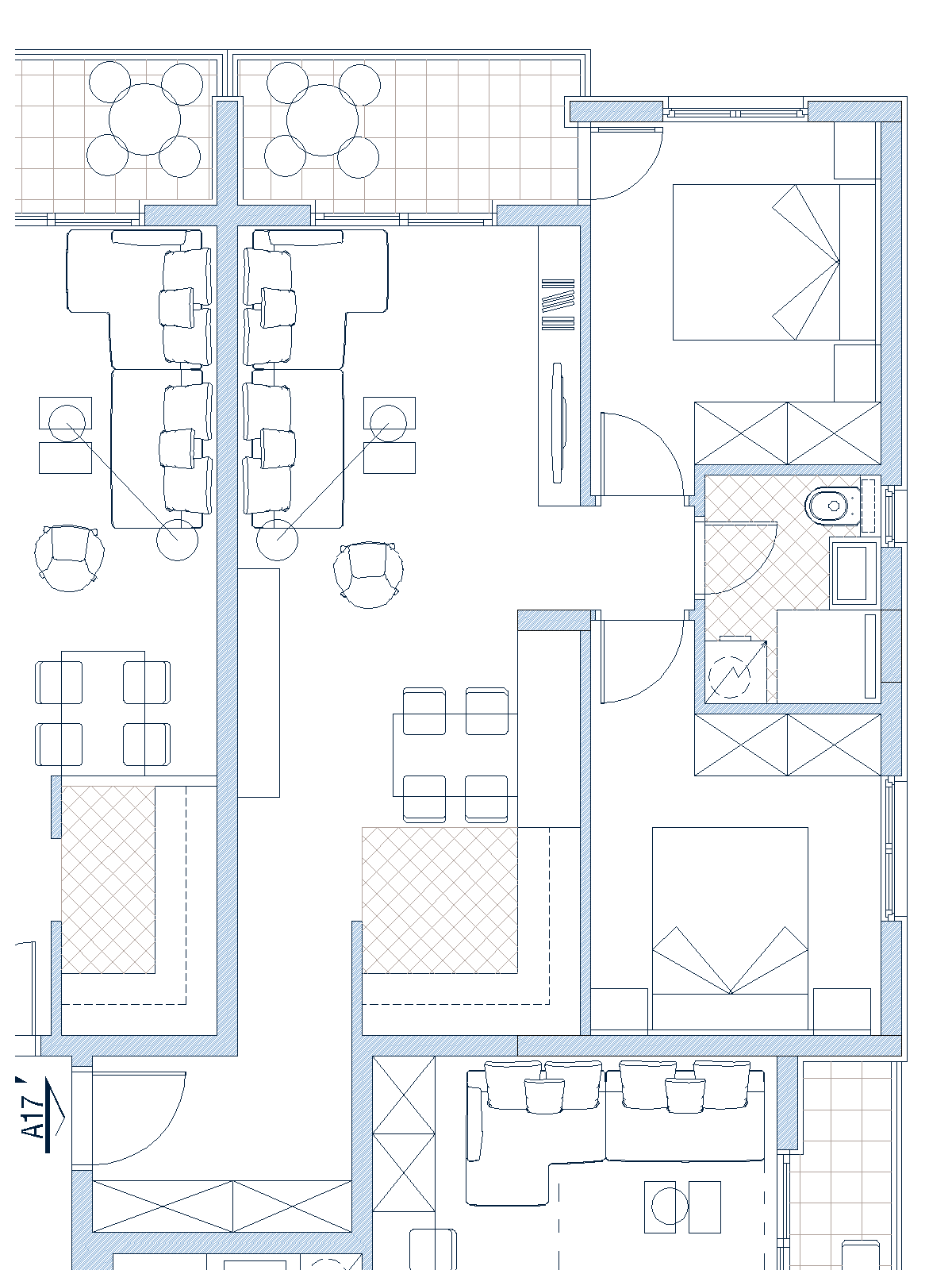 Grundriss der Wohnung in Budva, Montenegro: Schema mit Möblierung, Schlafzimmern, Wohnzimmer und Terrasse.