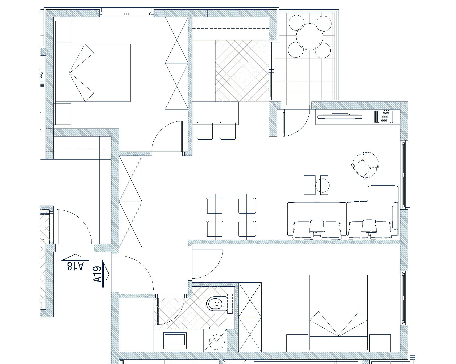 Grundriss einer Zwei-Zimmer-Wohnung in Budva, Montenegro: Wohnzimmer mit Terrasse, zwei Schlafzimmer, Küche und Bad.