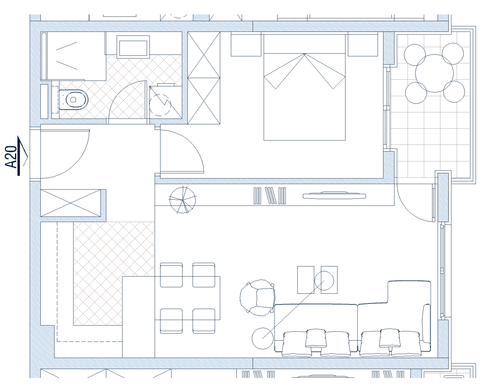 Grundriss der Wohnung in Budva, Montenegro: Wohnzimmer mit Küche, Schlafzimmer, Badezimmer und Terrasse mit Möbeln.