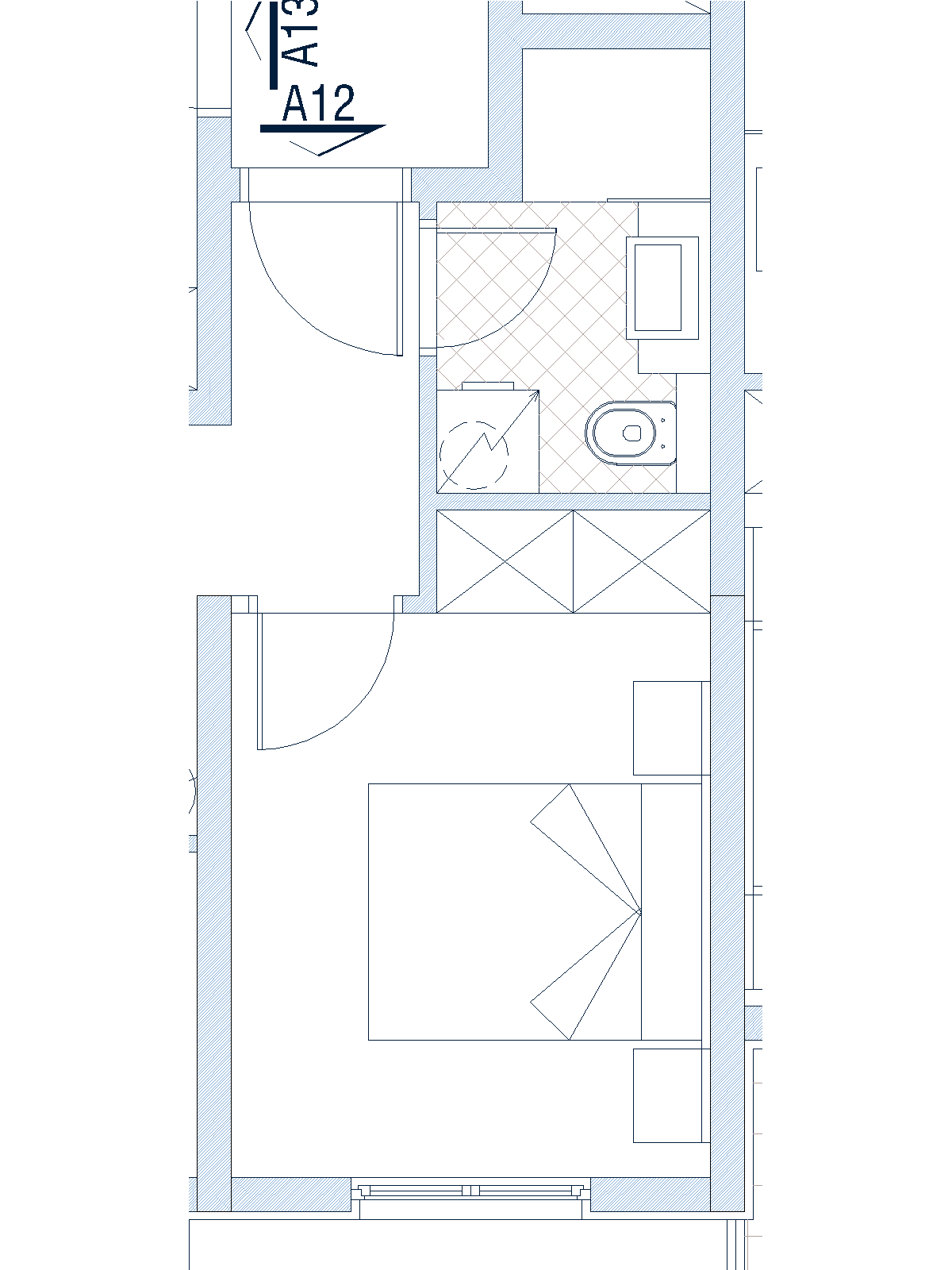 Grundriss des Schlafzimmers mit Bad in einer Wohnung in Budva, Montenegro: Schema der Anordnung von Möbeln und Sanitäranlagen.