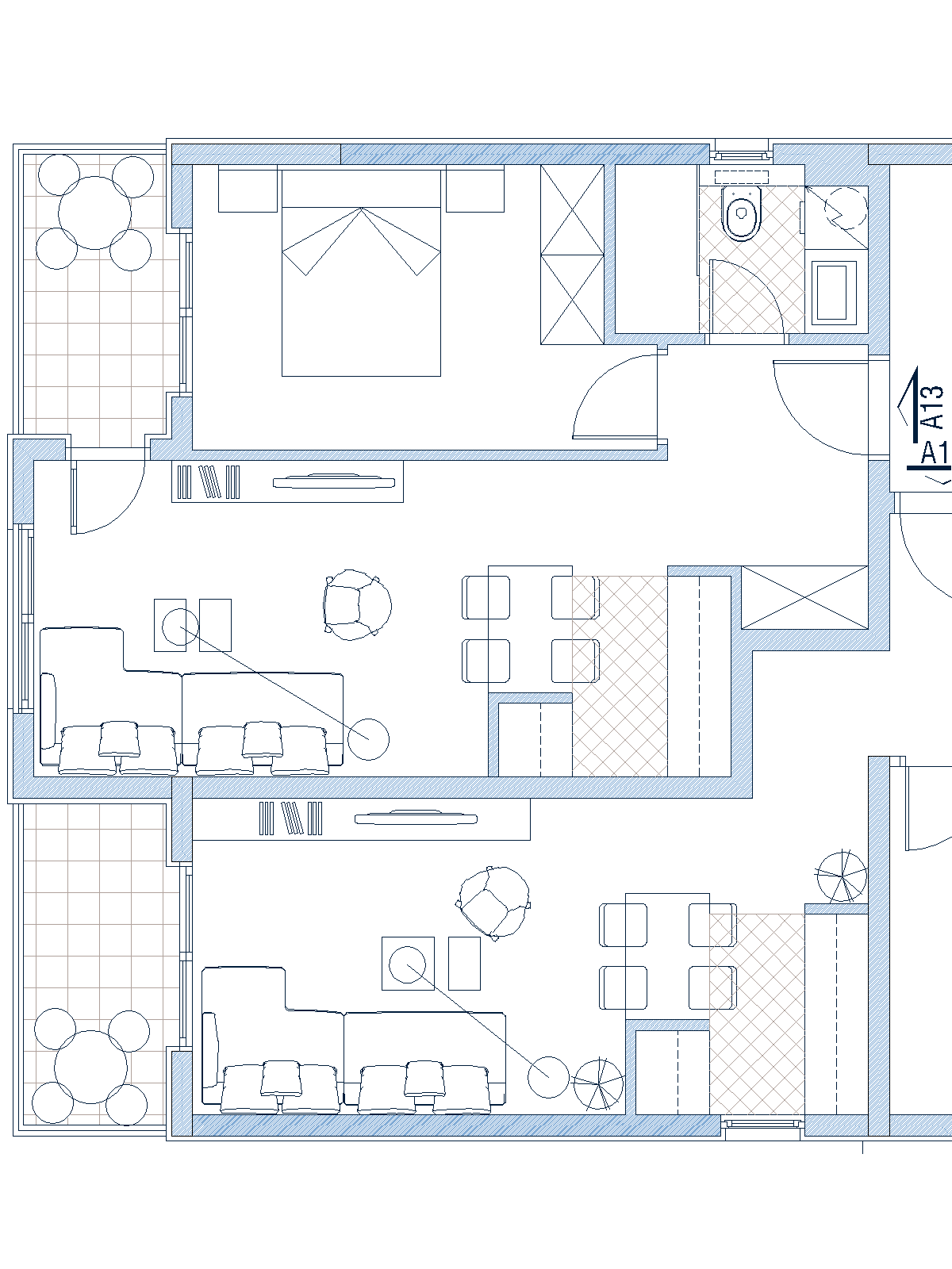 Grundriss der Wohnung in Budva, Montenegro: Wohnzimmer mit Sitzecke, Esstisch, Schlafzimmer und Terrasse mit Möbeln.