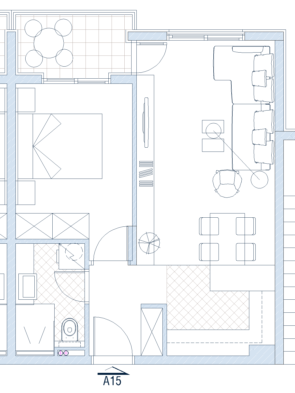 Grundriss der Wohnung in Budva, Montenegro: Wohnzimmer mit Küche, Schlafzimmer, Badezimmer und Terrasse mit Essbereich.