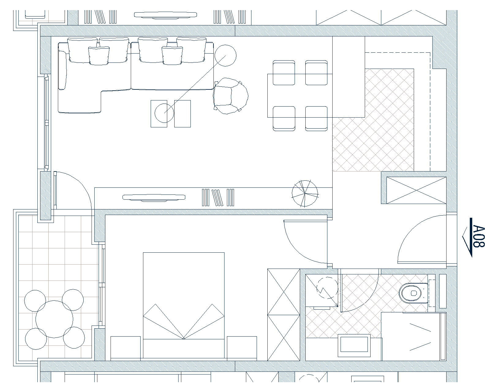 Grundriss der Wohnung in Budva, Montenegro: Wohnzimmer mit Küche, Schlafzimmer, Bad und Terrasse mit Möbeln.