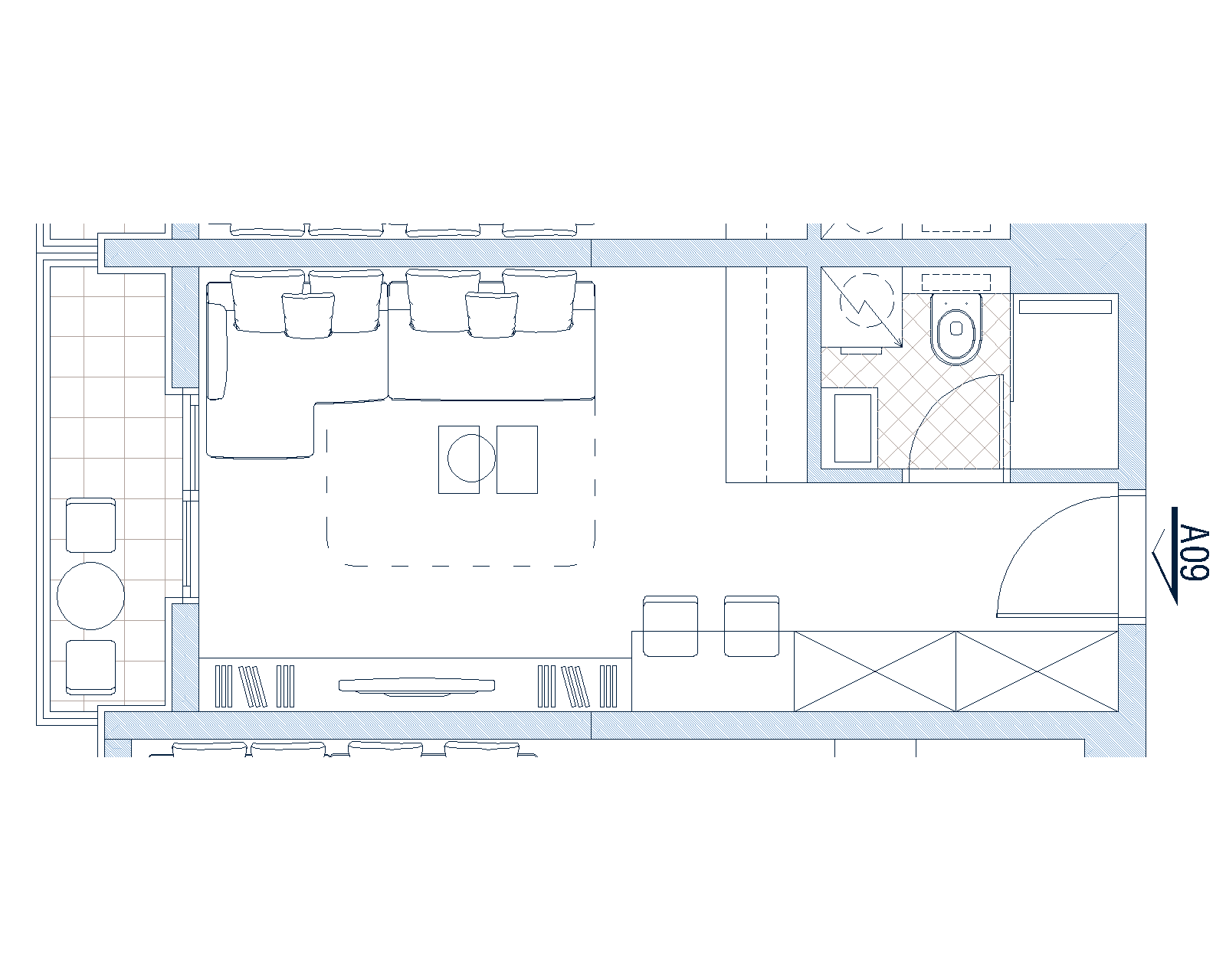 Grundriss des Wohnzimmers mit Terrasse in einer Wohnung in Budva, Montenegro: Schema der Möbelanordnung und des Badezimmers.