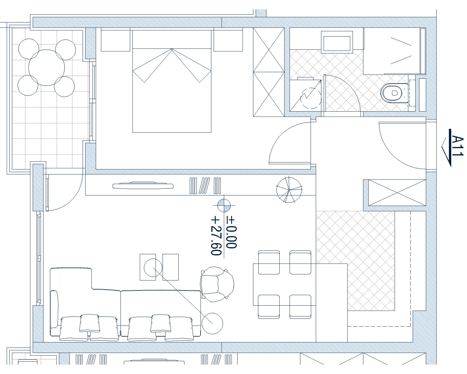 Grundriss der Wohnung in Budva, Montenegro: Wohnzimmer mit Küche, Schlafzimmer, Bad und Terrasse mit Möbeln.