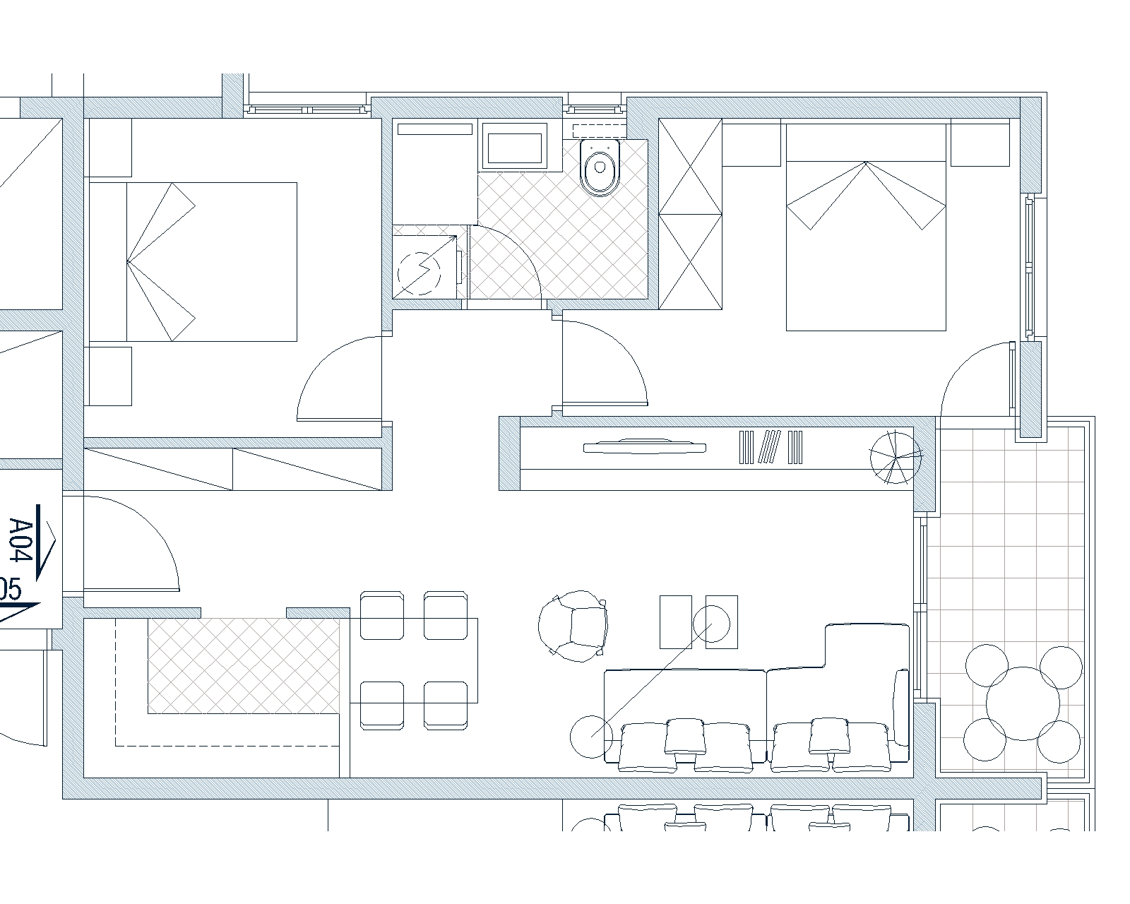 Grundriss einer Wohnung mit zwei Schlafzimmern, Wohnzimmer und Terrasse in Budva, Montenegro: Möbel- und Raumaufteilung.